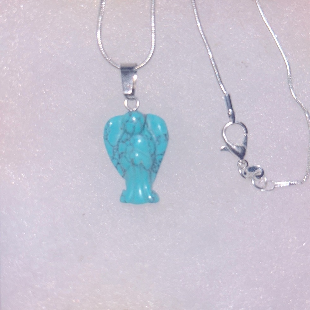 Boho hippie Turquoise Crystal Angel Sterling Silver Necklace 16”